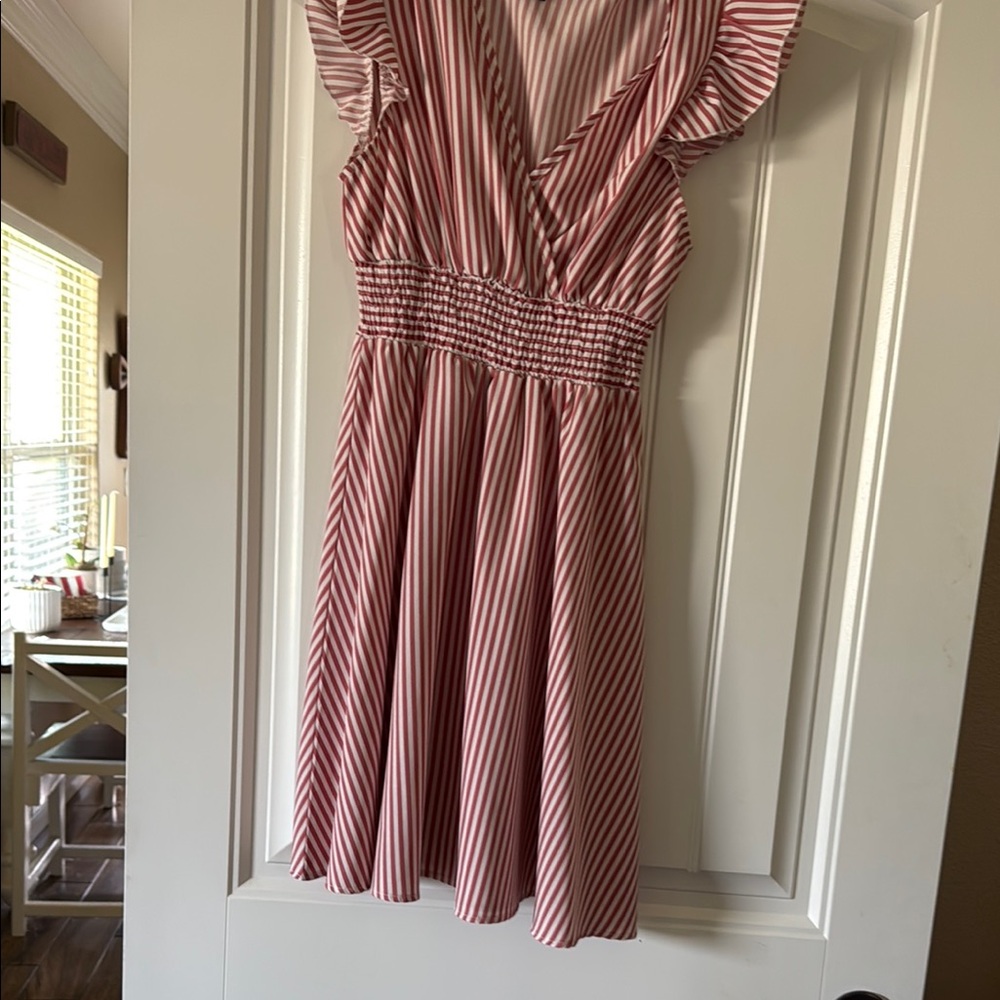 SHEIN Red and White Ruched Midi Sundress